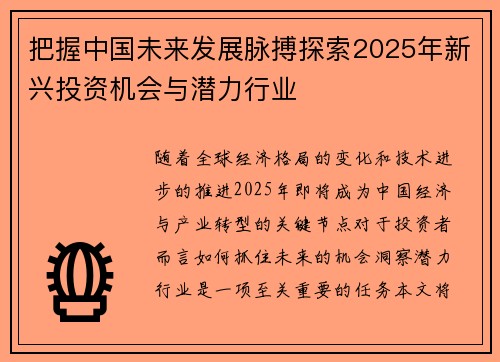 把握中国未来发展脉搏探索2025年新兴投资机会与潜力行业