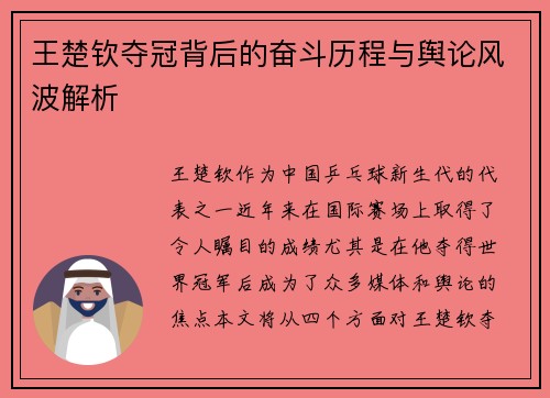 王楚钦夺冠背后的奋斗历程与舆论风波解析