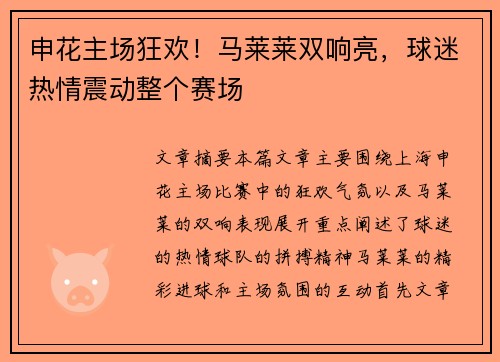 申花主场狂欢！马莱莱双响亮，球迷热情震动整个赛场