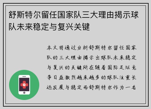舒斯特尔留任国家队三大理由揭示球队未来稳定与复兴关键