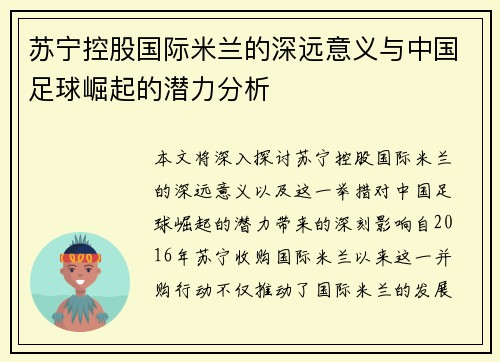 苏宁控股国际米兰的深远意义与中国足球崛起的潜力分析