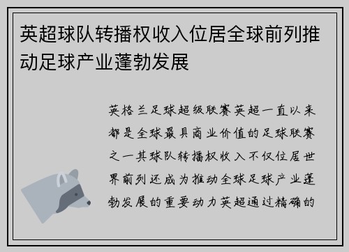 英超球队转播权收入位居全球前列推动足球产业蓬勃发展 英超球队转播权收入位居全球前列推动足球产业蓬勃发展